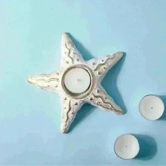 Gold Whitewash Tea Light Candle - Starfish - Set of 2 w/Bees Wax Tea Lights NEW - Picture 2 of 8